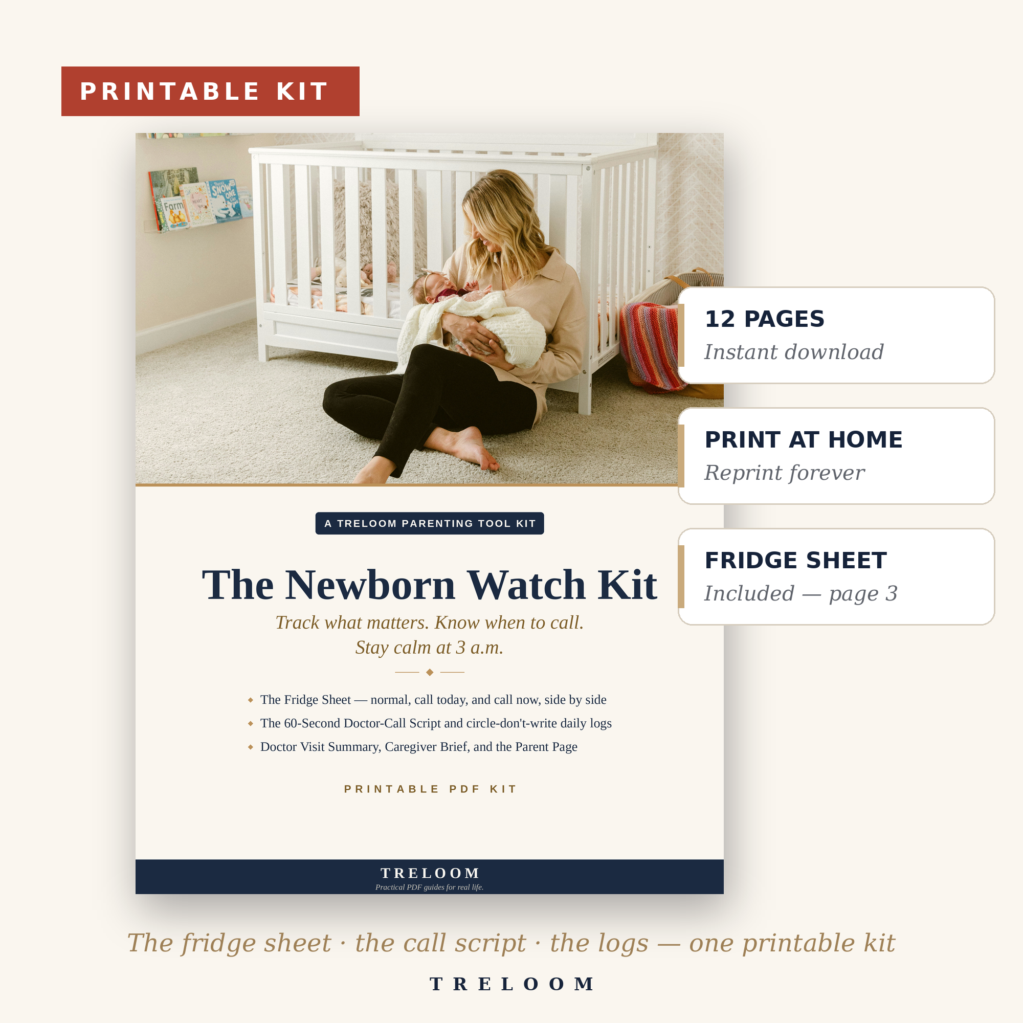 The Newborn Watch Kit — 12-page printable PDF baby tracker with fridge sheet, doctor-call script and daily logs; cover with spec callouts