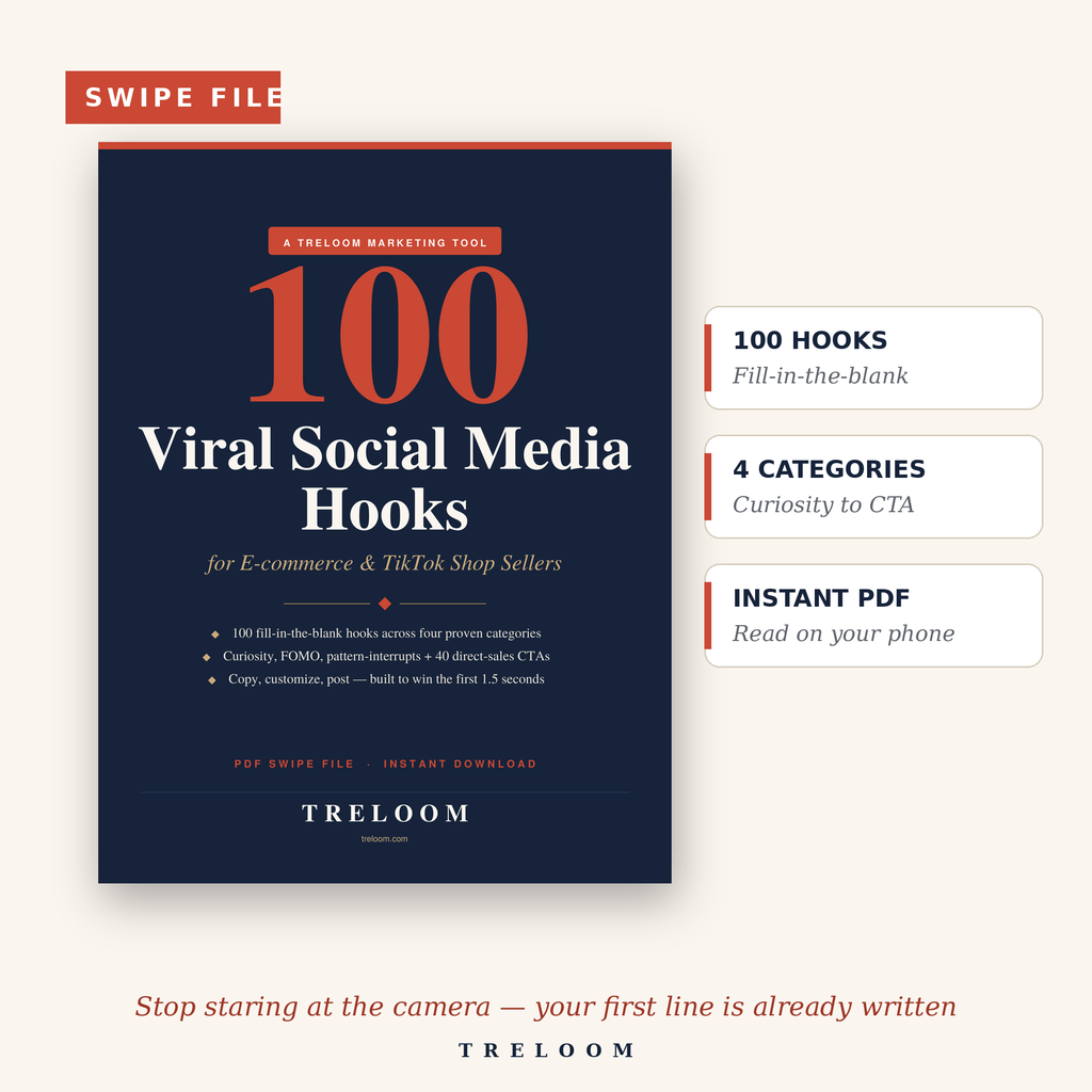 100 Viral Social Media Hooks swipe file — navy cover with coral SWIPE FILE tag and spec callouts: 100 hooks, 4 categories, instant PDF