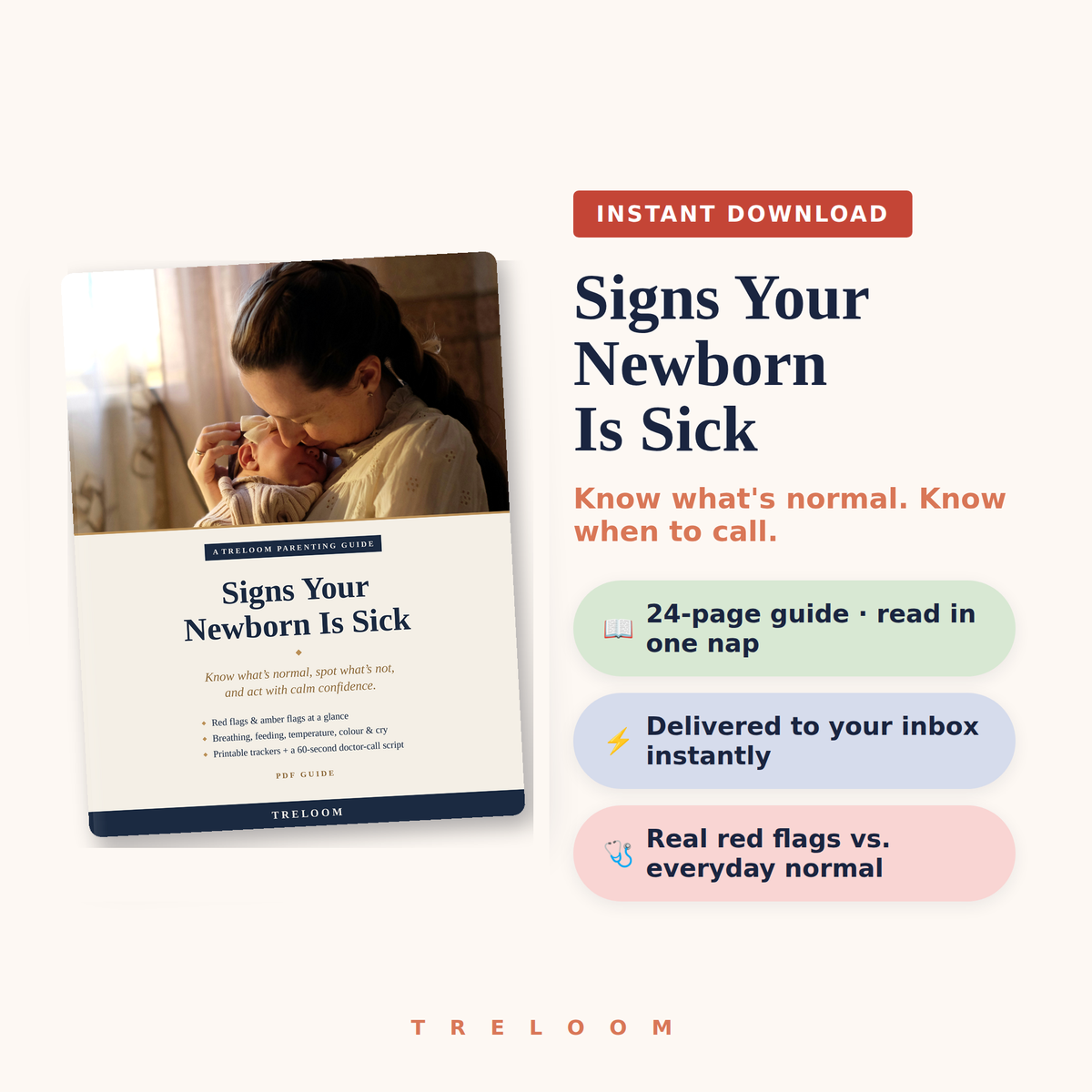 Signs Your Newborn Is Sick — instant-download PDF guide mockup with key benefits: 24 pages, instant delivery, real red flags vs. everyday normal