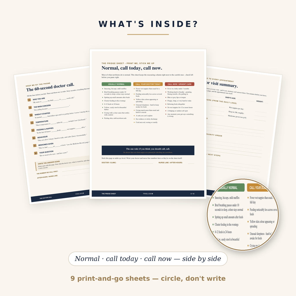What's inside the Newborn Watch Kit — the fridge sheet, 60-second doctor-call script and doctor visit summary pages fanned out with a zoom on the normal, call-today and call-now columns