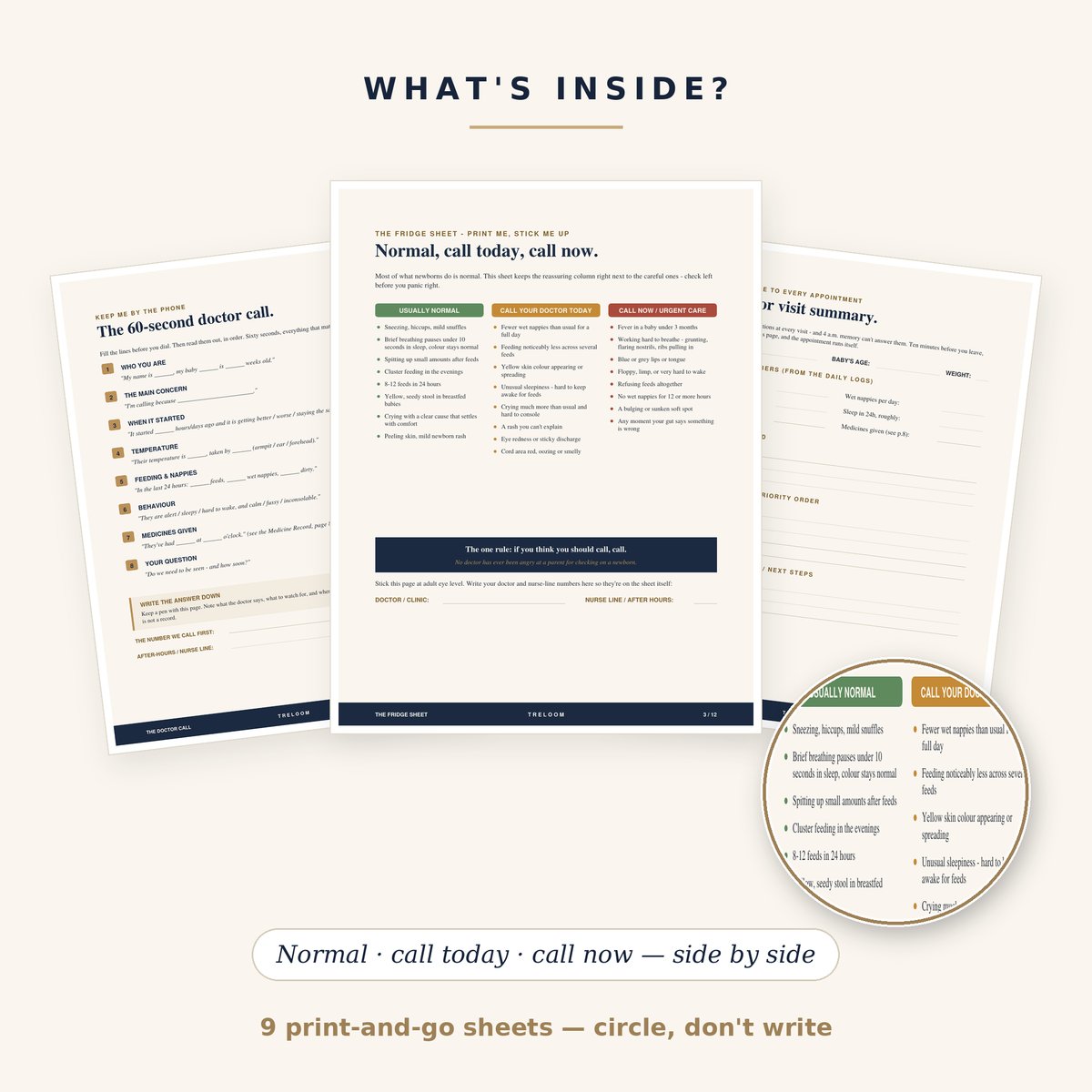 What's inside the Newborn Watch Kit — the fridge sheet, 60-second doctor-call script and doctor visit summary pages fanned out with a zoom on the normal, call-today and call-now columns