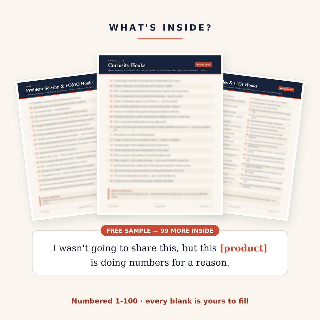What's inside the swipe file — hook pages fanned out with one free sample hook: I wasn't going to share this, but this [product] is doing numbers for a reason