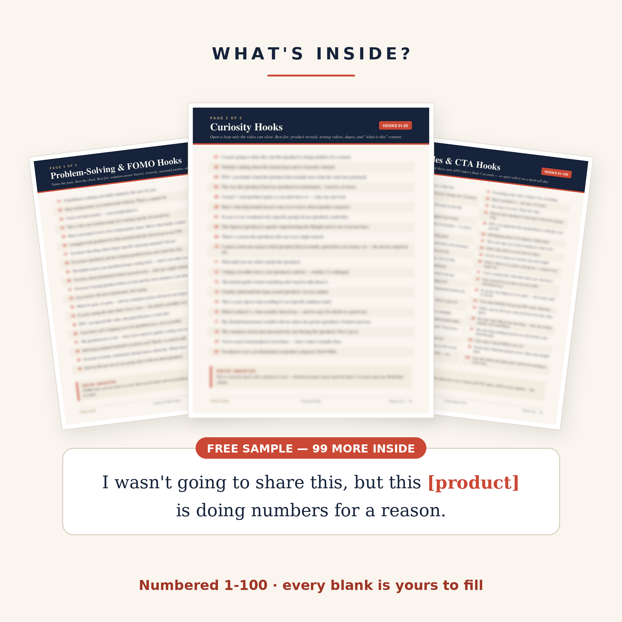 What's inside the swipe file — hook pages fanned out with one free sample hook: I wasn't going to share this, but this [product] is doing numbers for a reason