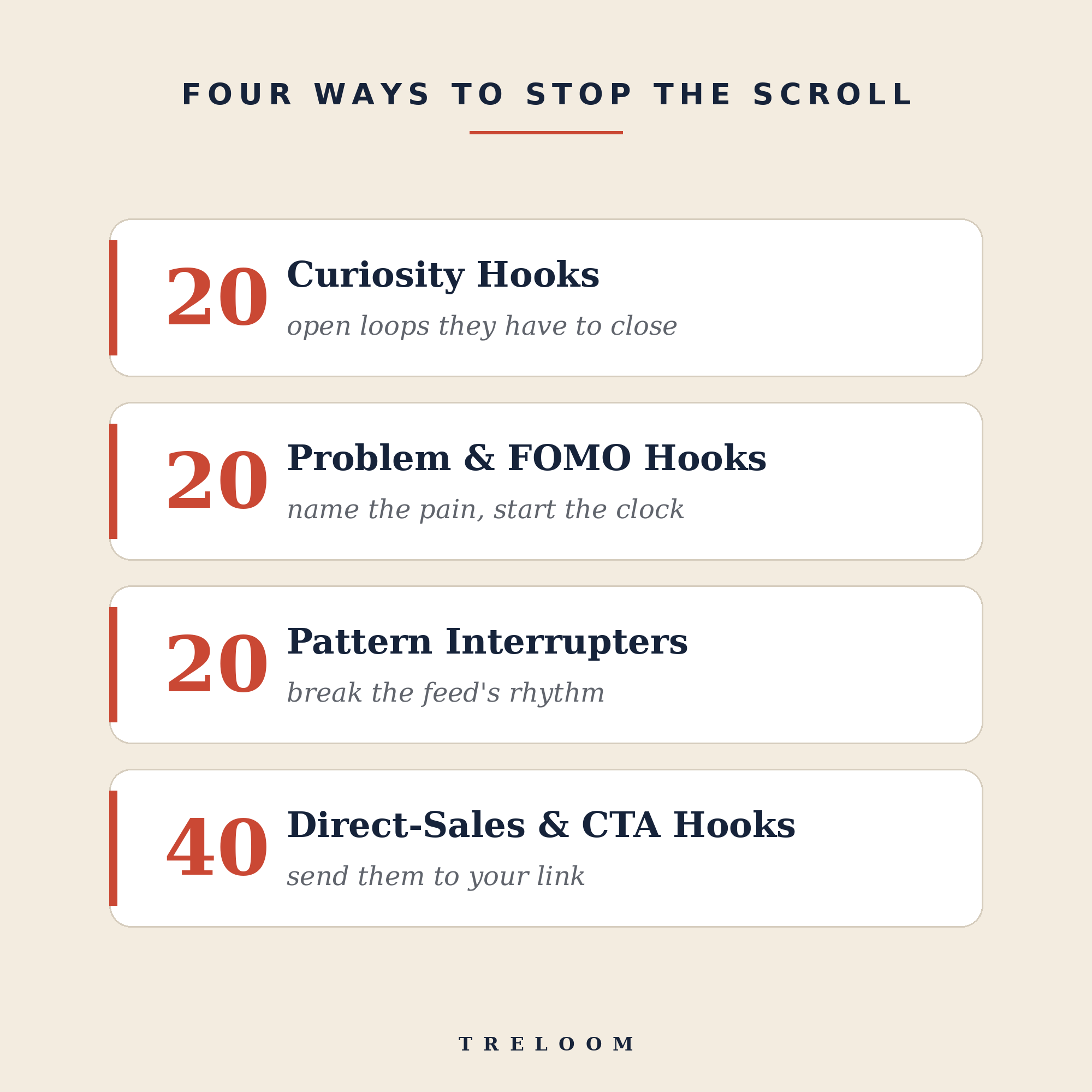 Four ways to stop the scroll — 20 curiosity hooks, 20 problem and FOMO hooks, 20 pattern interrupters, and 40 direct-sales CTA hooks