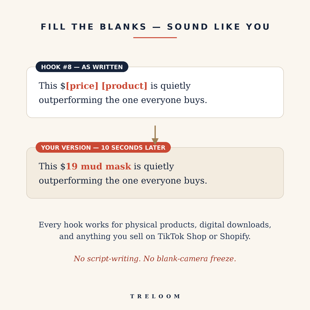 How the fill-in-the-blank hooks work — hook 8 as written with brackets, and a filled-in version ready to film