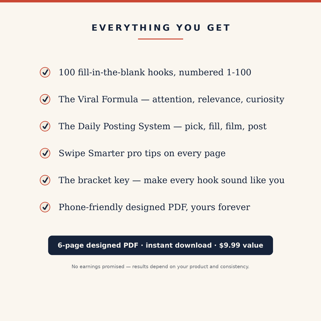 Everything you get in the 100 Viral Social Media Hooks swipe file — checklist of the hooks, viral formula, posting system and pro tips, instant download PDF