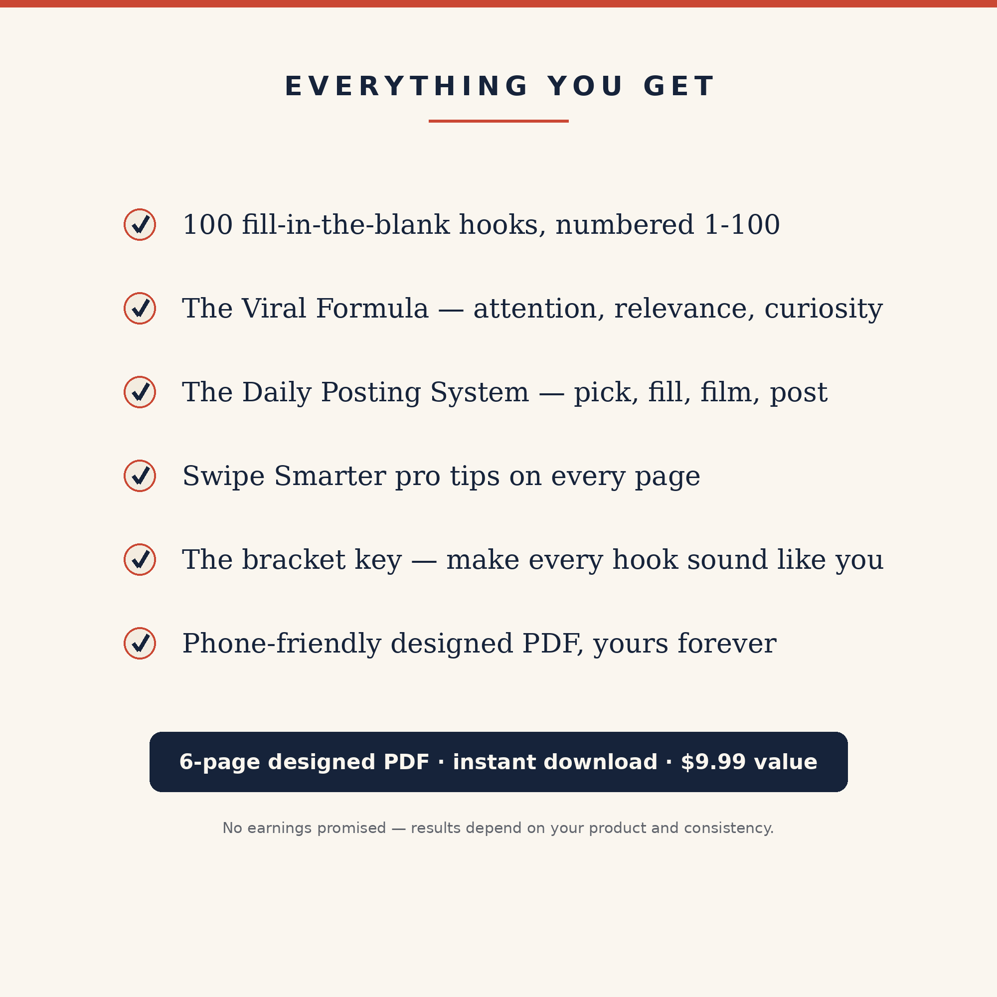 Everything you get in the 100 Viral Social Media Hooks swipe file — checklist of the hooks, viral formula, posting system and pro tips, instant download PDF