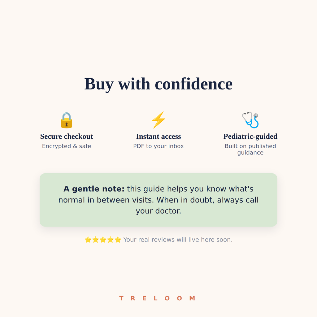 Buy with confidence — Treloom guarantee panel for the Signs Your Newborn Is Sick guide