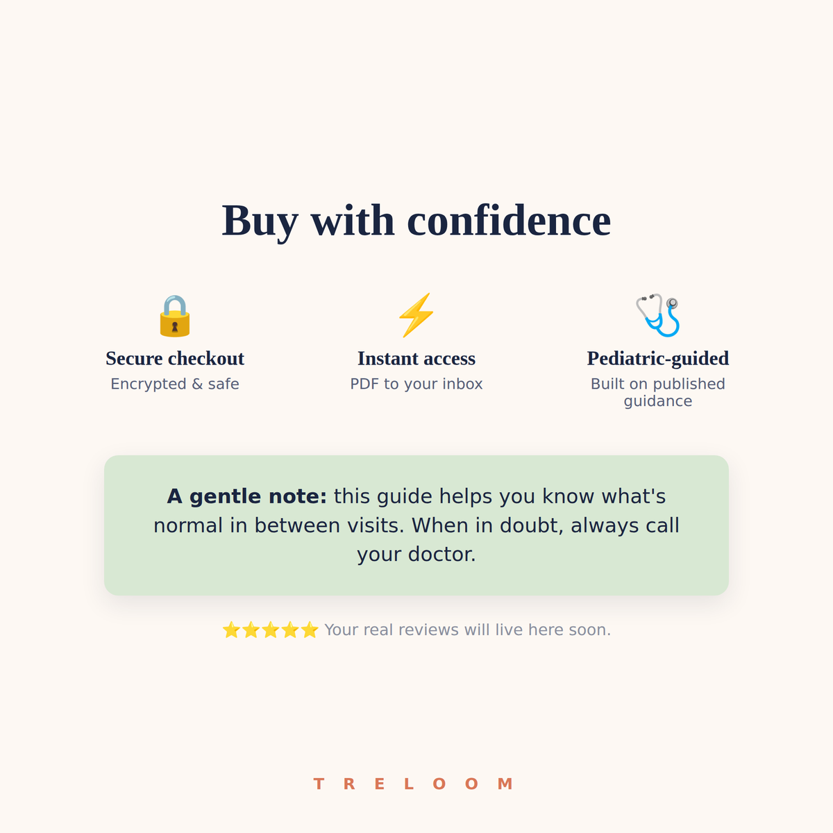 Buy with confidence — Treloom guarantee panel for the Signs Your Newborn Is Sick guide