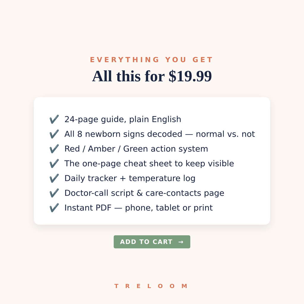 Everything you get for $19.99 — 24-page guide, 8 signs decoded, red/amber/green system, cheat sheet, trackers and doctor-call script