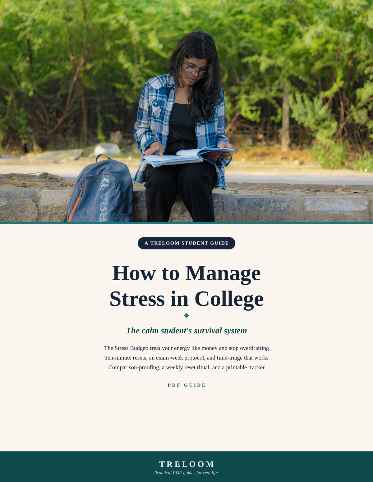 How to Manage Stress in College: The Stress Budget System for Students — Treloom PDF guide cover, student reading outdoors