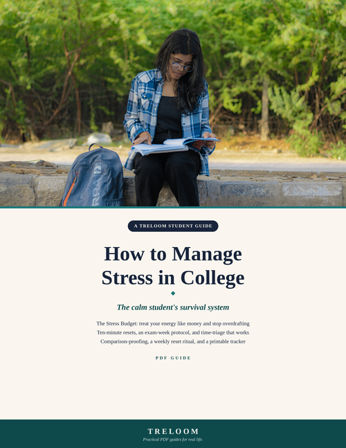 How to Manage Stress in College: The Stress Budget System for Students — Treloom PDF guide cover, student reading outdoors
