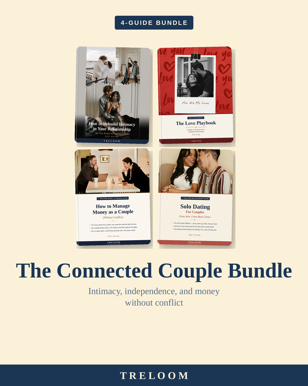 The Connected Couple Bundle — four Treloom relationship PDF guides shown as books in a grid: How to Rebuild Intimacy, The Love Playbook, How to Manage Money as a Couple, and Solo Dating for Couples