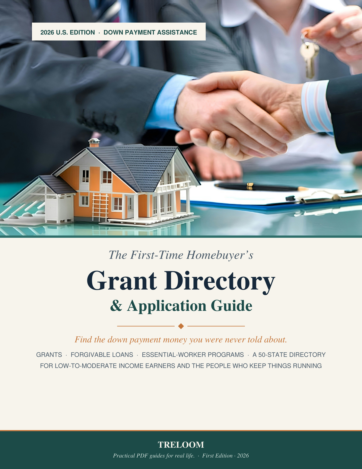 The First-Time Homebuyer's Grant Directory & Application Guide — Treloom PDF guide cover, handshake and keys with model house