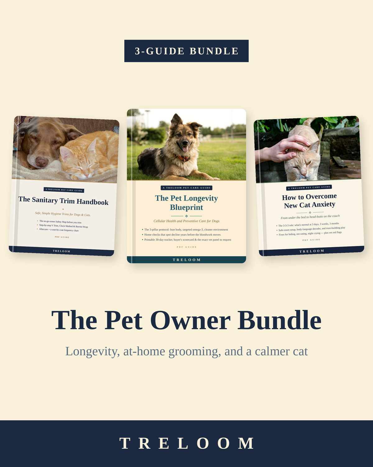 The Pet Owner Bundle by Treloom — three PDF guide covers laid flat like books: The Sanitary Trim Handbook, The Pet Longevity Blueprint, and How to Overcome New Cat Anxiety