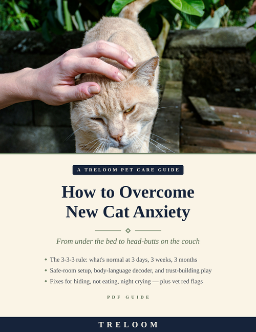 Cover of How to Overcome New Cat Anxiety by Treloom — relaxed cream cat leaning into a gentle head scratch, navy serif title on cream, PDF guide from under the bed to head-butts on the couch