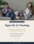 Signs He Is Cheating PDF guide cover — couple sitting apart on a couch, man absorbed in his phone, woman watching him. Treloom.