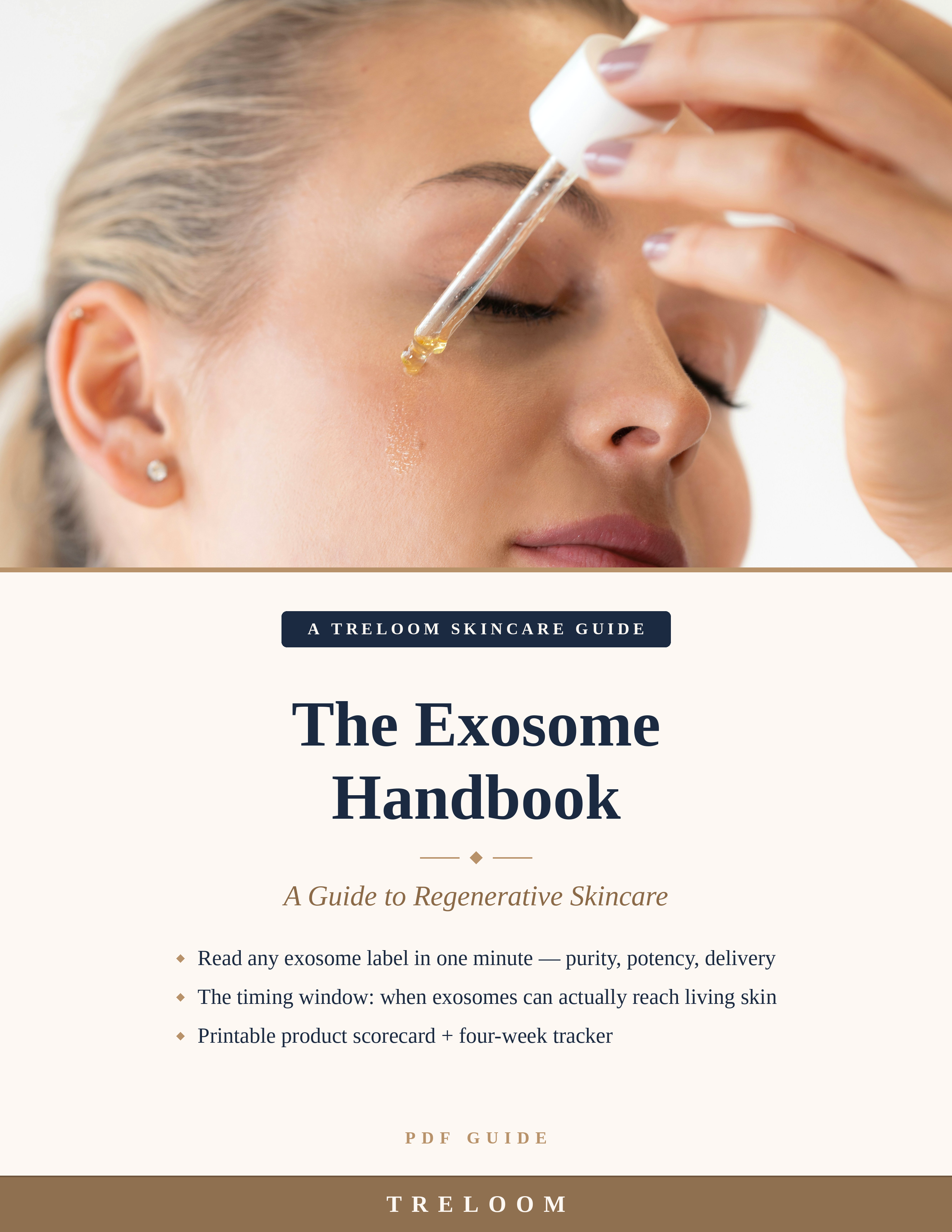 The Exosome Handbook cover — woman with eyes closed applying a golden drop of regenerative serum from a glass dropper, above the title A Guide to Regenerative Skincare by Treloom
