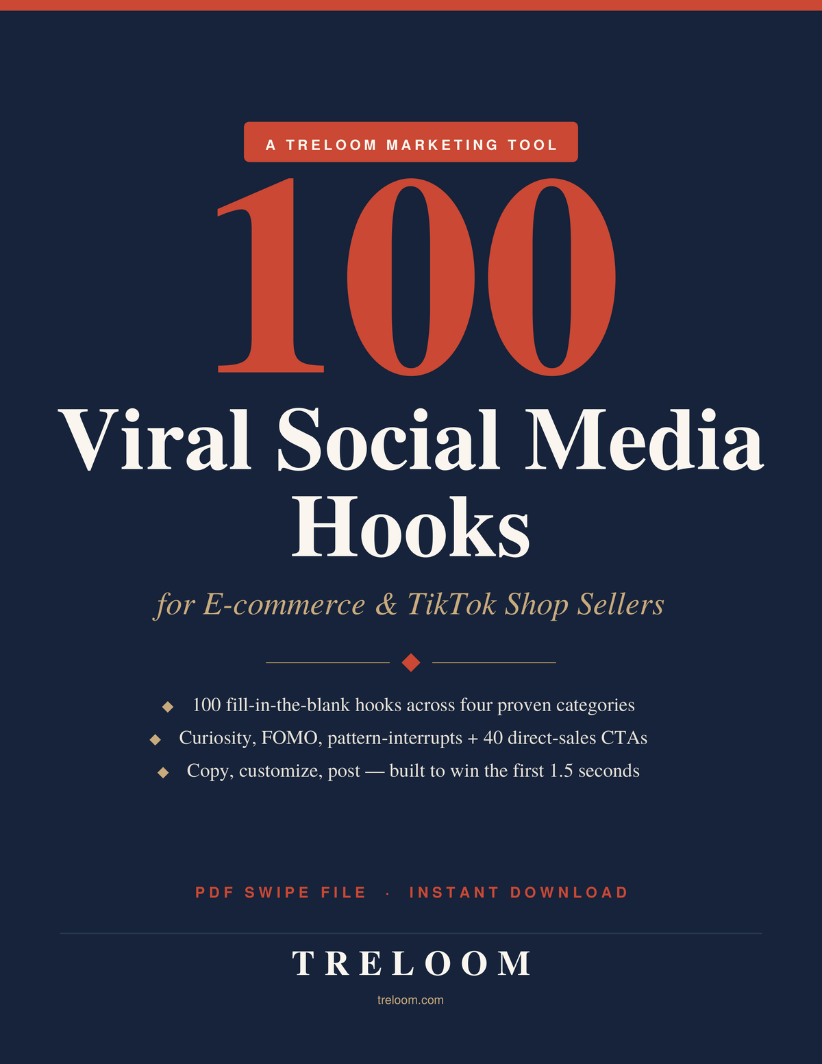 100 Viral Social Media Hooks for E-commerce & TikTok Shop Sellers — navy and coral Treloom swipe file cover with a giant 100