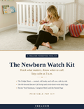 The Newborn Watch Kit — Treloom printable PDF kit cover: mother cradling her newborn on the nursery floor beside the crib, with the fridge sheet, 60-second doctor-call script, and circle-don't-write daily logs