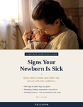 Cover of Signs Your Newborn Is Sick by Treloom — mother gently holding her newborn in warm window light, navy serif title on cream, PDF guide