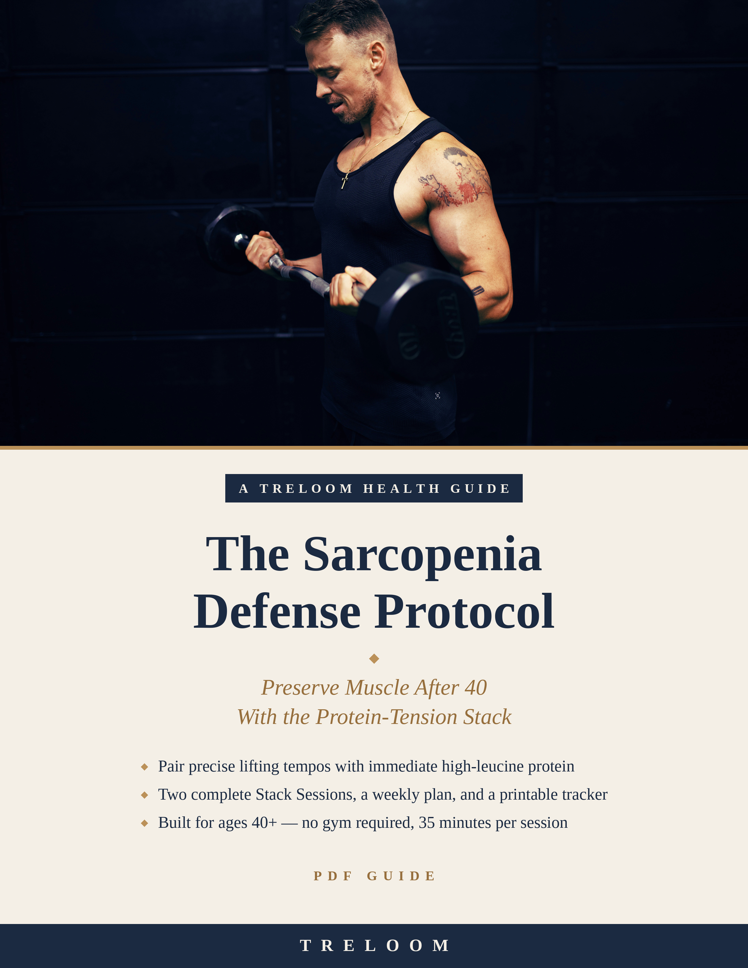 Cover of The Sarcopenia Defense Protocol by Treloom — man in navy tank curling an EZ-bar, navy serif title on cream, PDF guide for preserving muscle after 40