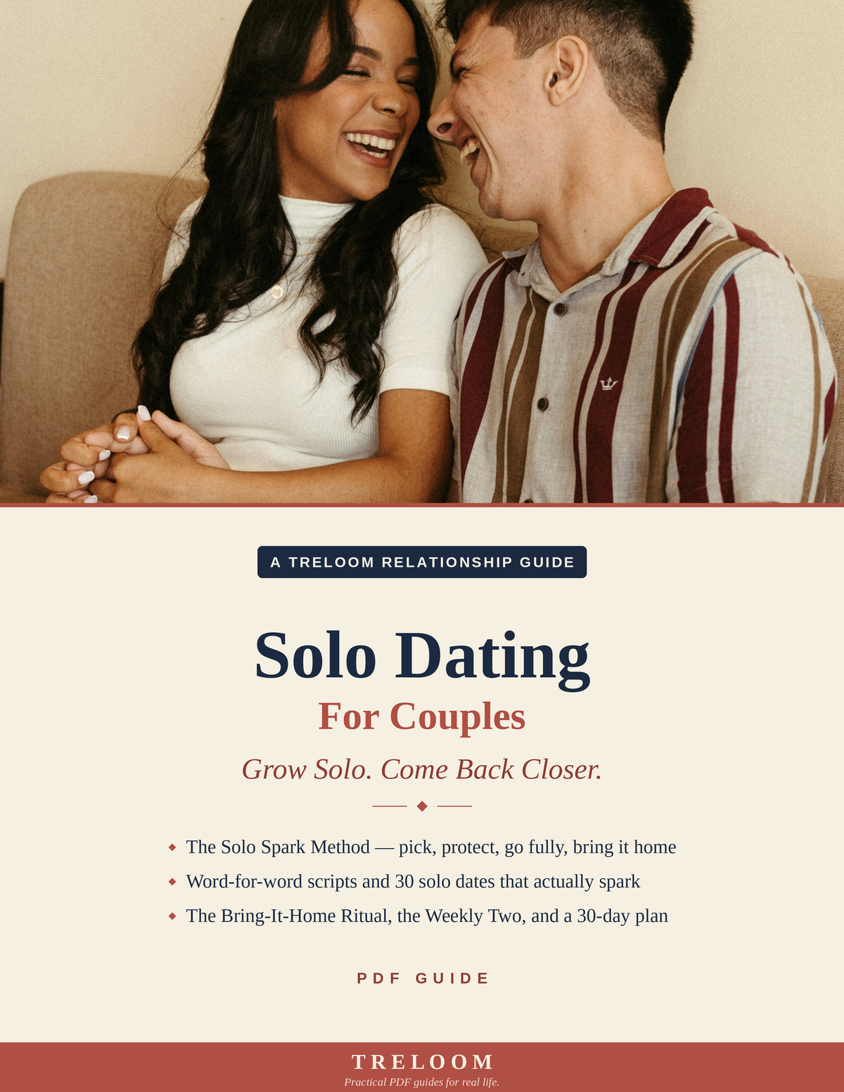 Solo Dating for Couples — Treloom PDF guide cover: couple laughing together on the couch, holding hands, with the Solo Spark Method, word-for-word scripts, 30 solo date ideas, and the Bring-It-Home Ritual